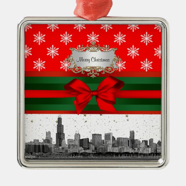 Chicago Skyline Red Snowflake Christmas Metal Ornament (Front)