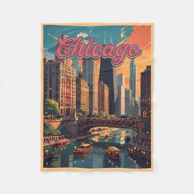 Chicago Skyline Riverfront  Fleece Blanket (Front)