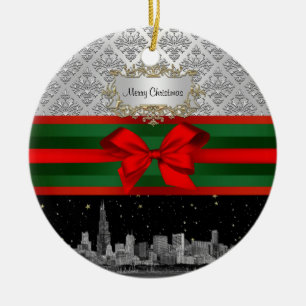 Chicago Skyline Silver White Damask #3 Bow Xmas Ceramic Ornament