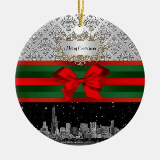 Chicago Skyline Silver White Damask #3 Bow Xmas Ceramic Ornament (Front)