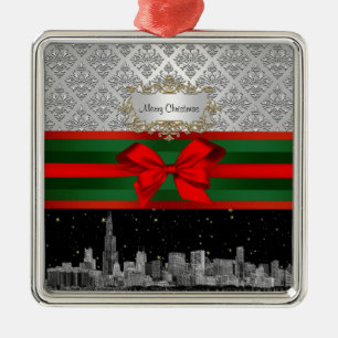 Chicago Skyline Silver White Damask #3 Bow Xmas Metal Ornament