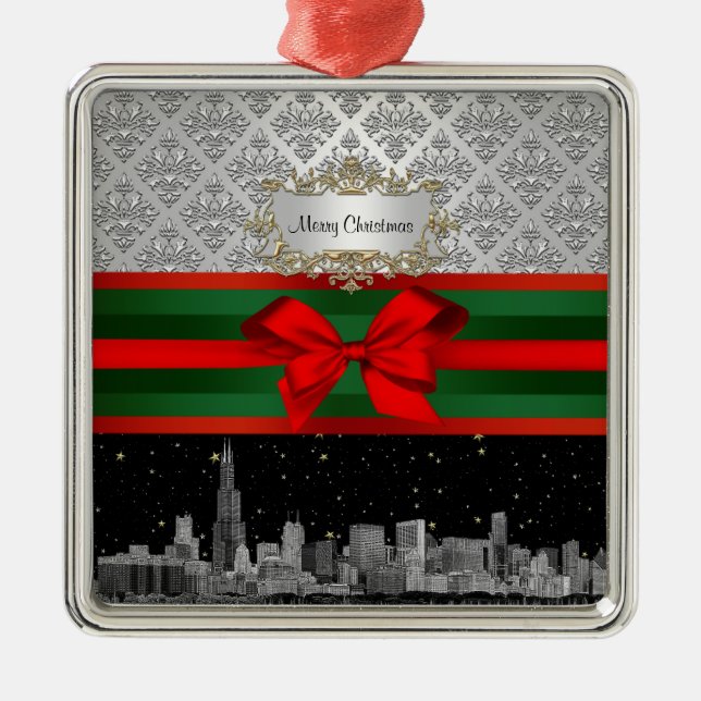 Chicago Skyline Silver White Damask #3 Bow Xmas Metal Ornament (Front)
