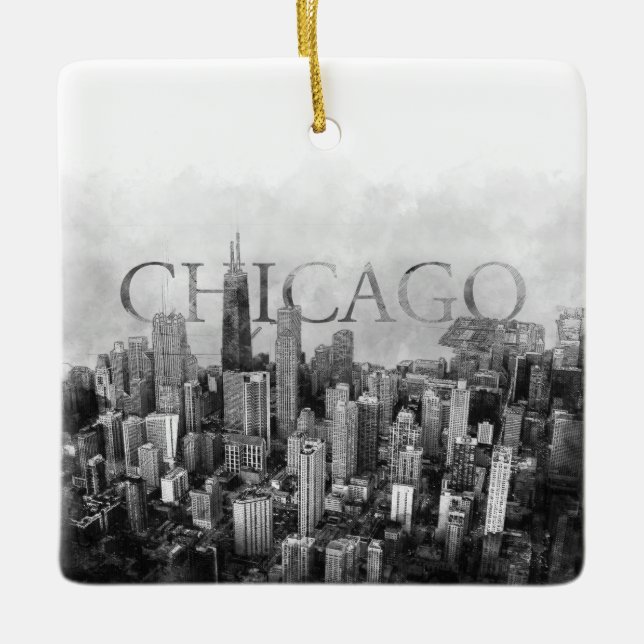 Chicago Skyline Sketch Ceramic Ornament (Front)