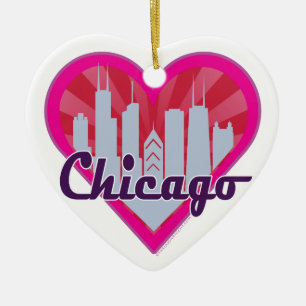 Chicago Skyline Sunburst Heart Ceramic Ornament