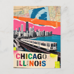 Chicago Skyline Train Pop Art Collage Retro Travel Postcard