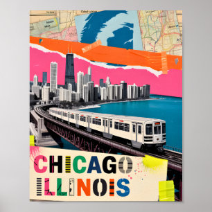 Chicago Skyline Train Pop Art Collage Retro Travel Poster