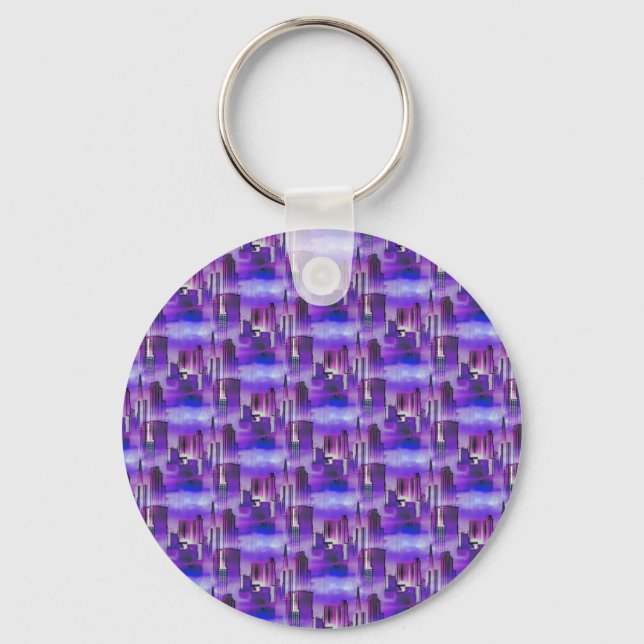 Chicago Skyline Urban Art in Purple and Blue Keychain (Front)