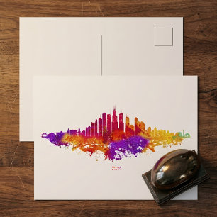Chicago Skyline Watercolor Art on White Background Postcard