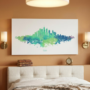 Chicago Skyline Watercolor Blue Green City Art Canvas Print
