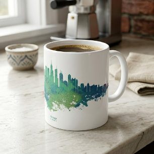 Chicago Skyline Watercolor Blue Green City Art Coffee Mug