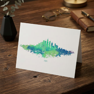 Chicago Skyline Watercolor Blue Green City Art Thank You Card