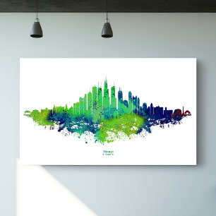 Chicago Skyline Watercolor Blue & Lime Art Prints