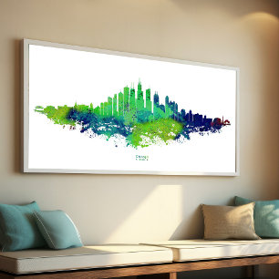 Chicago Skyline Watercolor Blue & Lime Art Prints
