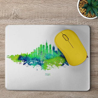 Chicago Skyline Watercolor Blue & Lime Art Prints Mouse Pad