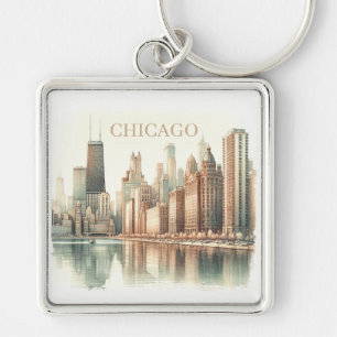 Chicago Skyline Watercolor Landmark Custom Keychain