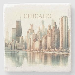 Chicago Skyline Watercolor Landmark Custom Photo  Stone Coaster