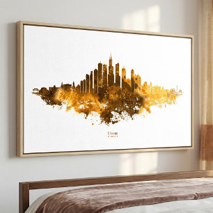 Chicago Skyline Watercolor Orange Cityscape Art Photo Print