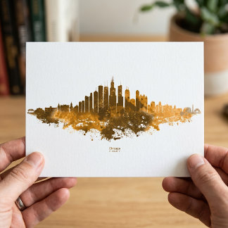 Chicago Skyline Watercolor Orange Cityscape Art Postcard