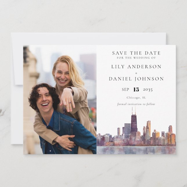 Chicago Skyline Watercolor Photo Wedding Save The Date (Front)