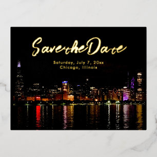 Chicago Skyline Wedding Save the Date Foil Invitation Postcard