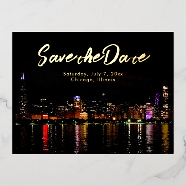 Chicago Skyline Wedding Save the Date Foil Invitation Postcard (Front)