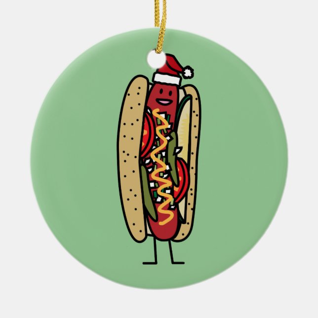 Chicago style hot dog Christmas Santa hat Ceramic Ornament (Front)
