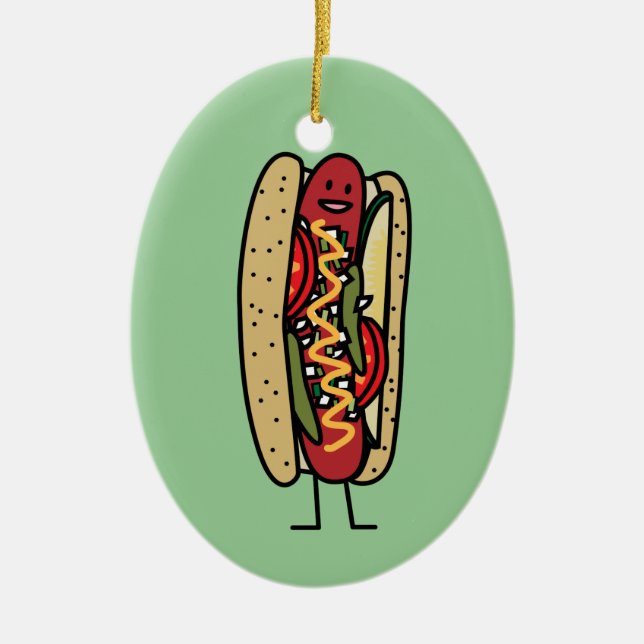Chicago Style Hot Dog hot red poppy bun mustard Ceramic Ornament (Front)