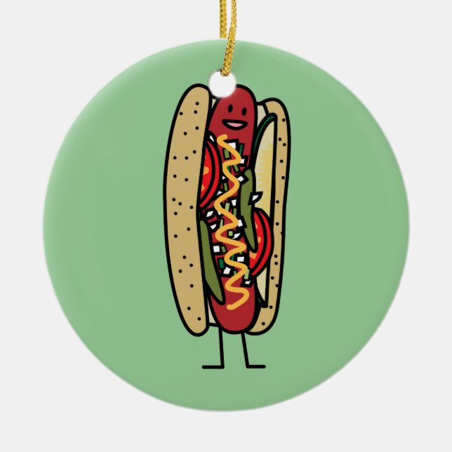 Chicago Style Hot Dog hot red poppy bun mustard Ceramic Ornament (Front)