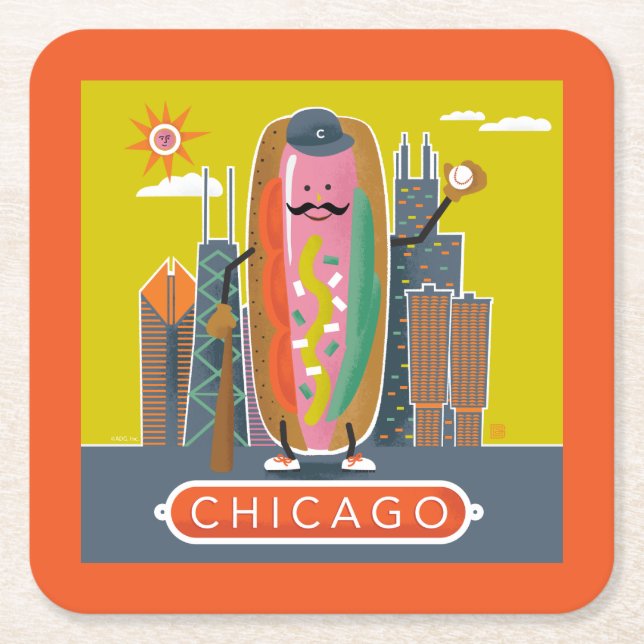 Chicago-Style Hotdog Square Paper Coaster (Front)
