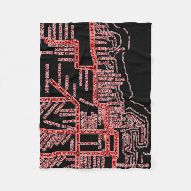Chicago Subway Map w/ Train stops colourful red Fleece Blanket (Front)