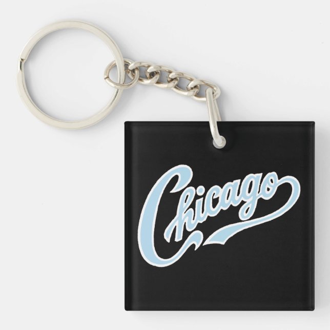 Chicago Text in Chicago Blue Script BLK Keychain (Front)