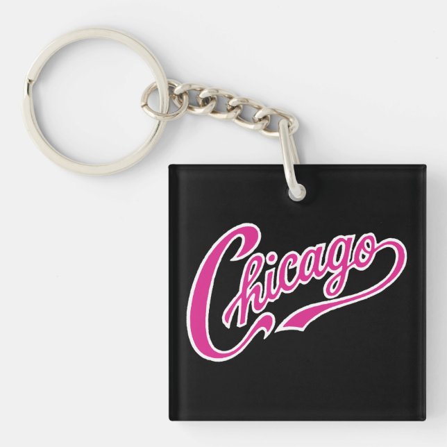 Chicago Text in Pink Script BLK Keychain (Front)