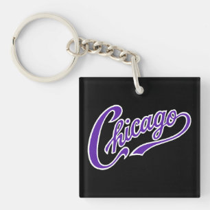Chicago Text in Purple Script BLK Keychain