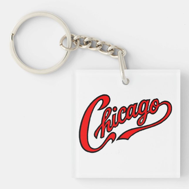 Chicago Text in Red Script Keychain (Front)