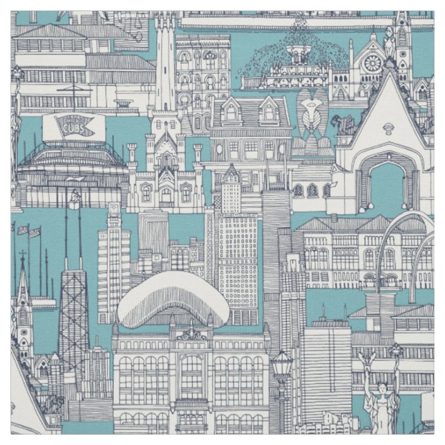 Chicago toile midnight blue turquoise fabric (Swatch)