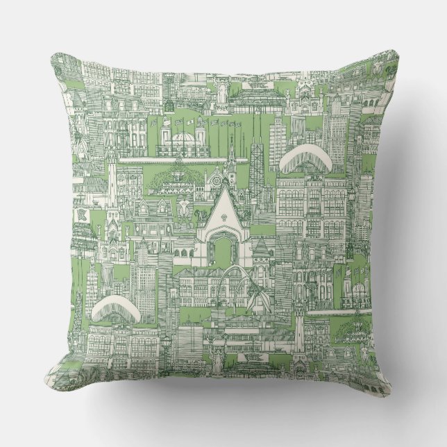 Chicago toile sea kelp sage green throw pillow (Front)