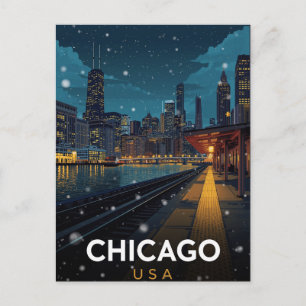 Chicago USA Skyline Winter Night Postcard