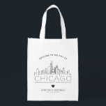 Chicago Wedding | Stylized Skyline Reusable Grocery Bag<br><div class="desc">A unique wedding bag for a wedding taking place in the beautiful city of Chicago.  This bag features a stylized illustration of the city's unique skyline with its name underneath.  This is followed by your wedding day information in a matching open lined style.</div>