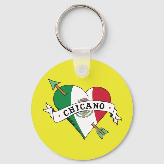 Chicano Tattoo Heart with Mexican Flag Keychain (Front)