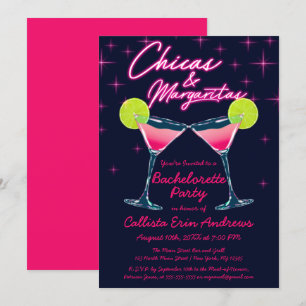 Chicas and Margaritas Neon Pink Bachelorette Party Invitation