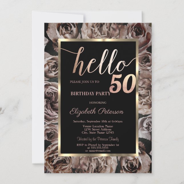 ChicDark Roses Black 50th Birthday Party Invitation (Front)