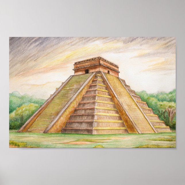 Chichen Itza Mayan Temple in Mexico Drawing Poster (Front)