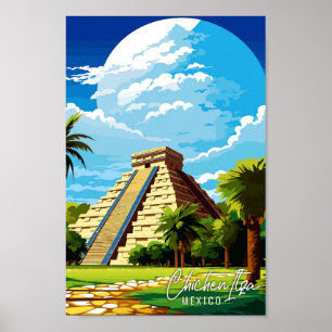 Chichen Itza Mexico vintage travel illustration Poster