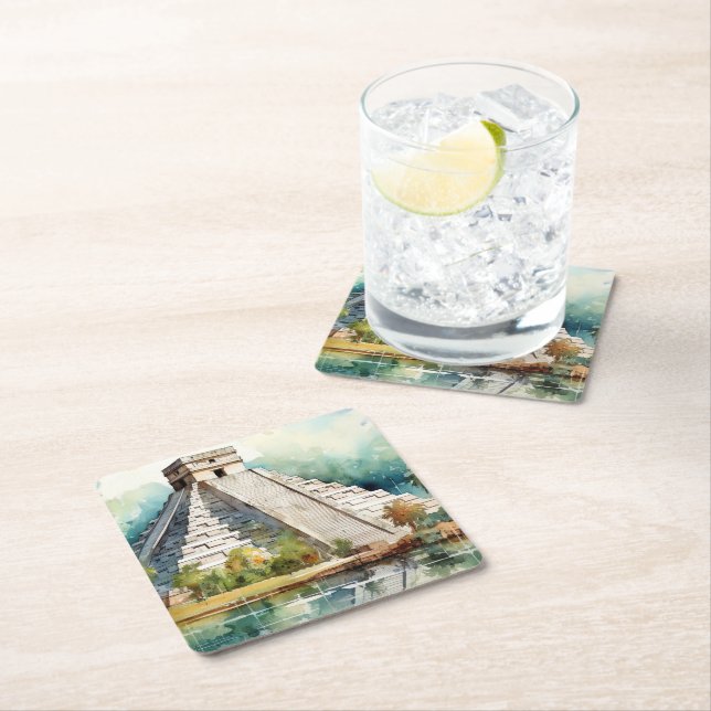 Chichen Itza, Stretched  Square Paper Coaster (Insitu)