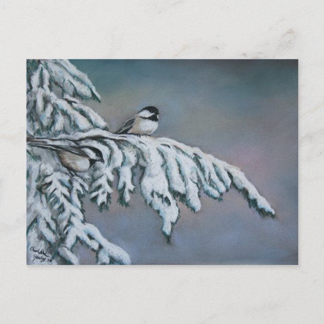 Chick-a-dees in the Snow Bird Art Postcard (Front)