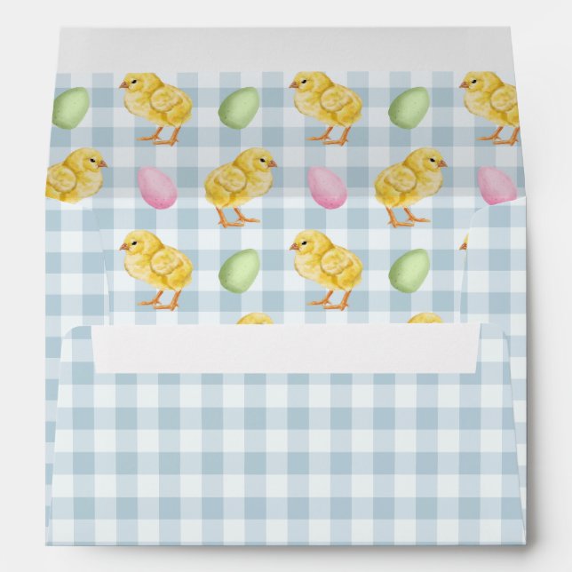 Chick And Eggs On Blue Gingham Pattern Easter Envelope (Back (Bottom))