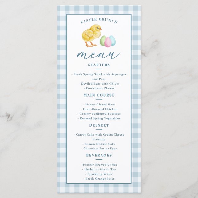 Chick And Pastel Eggs Blue Gingham Easter Brunch Menu (Front)