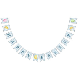 Chick And Pastel Eggs Happy Easter Blue Gingham Bunting Flags