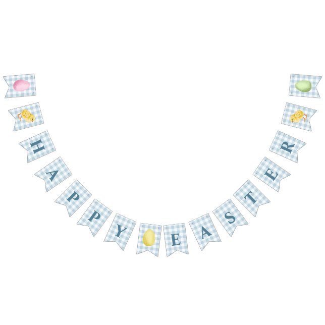 Chick And Pastel Eggs Happy Easter Blue Gingham Bunting Flags (All)