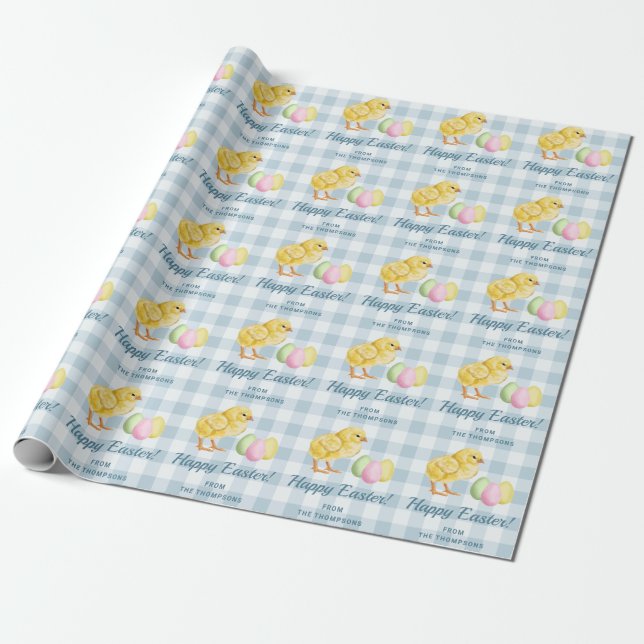 Chick And Pastel Eggs Happy Easter Blue Gingham Wrapping Paper (Unrolled)